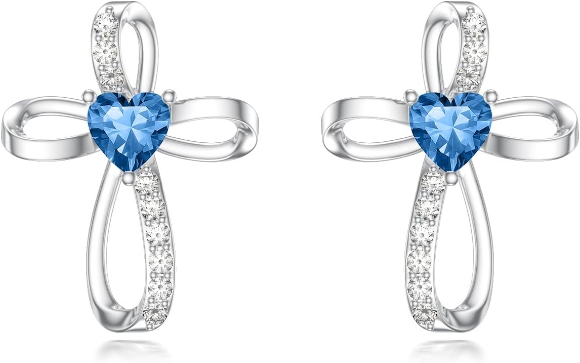 Seiyang Cross Stud Earrings 925 Sterling Silver Cross Earrings with 12 Months Birthstone Birthday Jewelry Gifts for Women