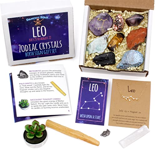 DANCING BEAR Leo Zodiac Healing Crystals Gift Set (14 Pc): 9 Stones, 18K Gold-Plated Constellation Necklace, Meteorite, Succulent Candle, Palo Santo Smudge Stick, and Info Guide, Made in The USA