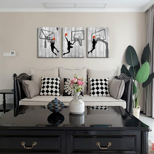 DZRWUBHS Framed Canvas Wall Art For Living Room Boy Bedroom Room Office Wall Decor Black And White Wall Pictures Prints Artwork Play Basketball Sport Wall Paintings Modern Home Decor 12x16 3 Piece