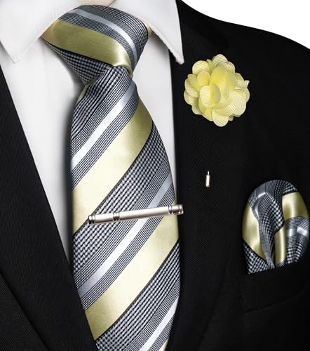 Image of JEMYGINS Mens Striped Tie and Lapel Pin Necktie Pocket Square and Tie Clip Sets for Business Casual 4PCS