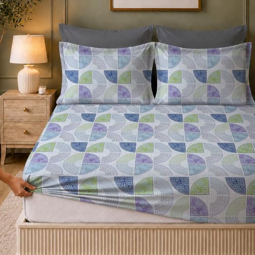 Image of LANE LINEN Symphony 100% Cotton 144TC King Bedsheet Set, 3 Piece, Printed | Printed 3-Piece Set With 1 King Fitted Bedsheet (1.83 x 1.98 M + 0.30D CM), 2 Pillow Covers, 144 TC, Soft & Breathable Cotton