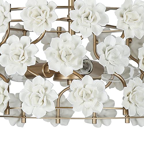Durent Lighting GOLD CHANDELIER Flower Chandelier, 3-Light Luxury Drum Chandelier Lighting With White Ceramic Flowers, 15.7’’ Dia Round Elegant Pendant Hanging Light Fixtures thumb #5