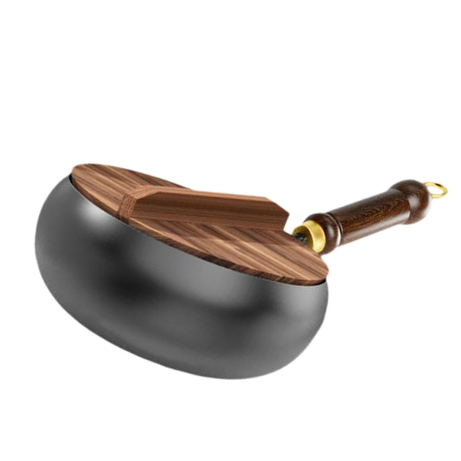 KIXZSAZ Nonstick Iron Cooking Wok Pan Flat Bottom Quick Cooking Techniques With Comfortable Wooden Handle Conducts Heat Evenly And Quickly Stovetop Induction, wood lid, 24cm