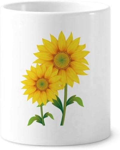 Soporte para cepillo de dientes con diseño de girasol amarillo y vegetación, taza de cerámica blanca, 12 onzas