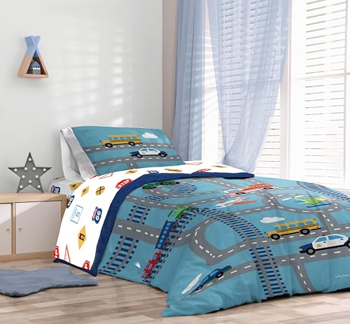 Image of Sunny Side Up On The Go Full Comforter Set - 7 Piece Kids Bedding Includes Comforter, Sheets & Pillow Cover - Super Soft Vehicles Microfiber Bed Set
