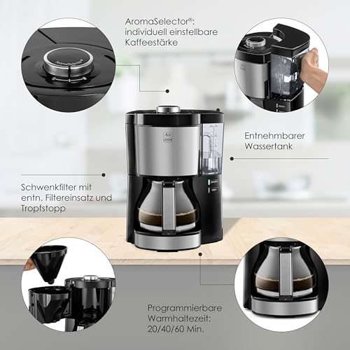 Melitta Look Perfection – Kaffeemaschine mit abnehmbarem Wassertank, Filterkaffeemaschine mit Glaskanne und Tropfstopp, für bis zu 10 Tassen Kaffee, schwarz – Bild 3