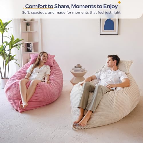 Image of MAXYOYO Giant Bean Bag Chair with Pillow, 3 in 1 Convertible Bean Bag Chair for Adults with Washable Cover, Removable Floor Cushion Stuffed Floor Lounger for Living Room Bedroom, White, Full