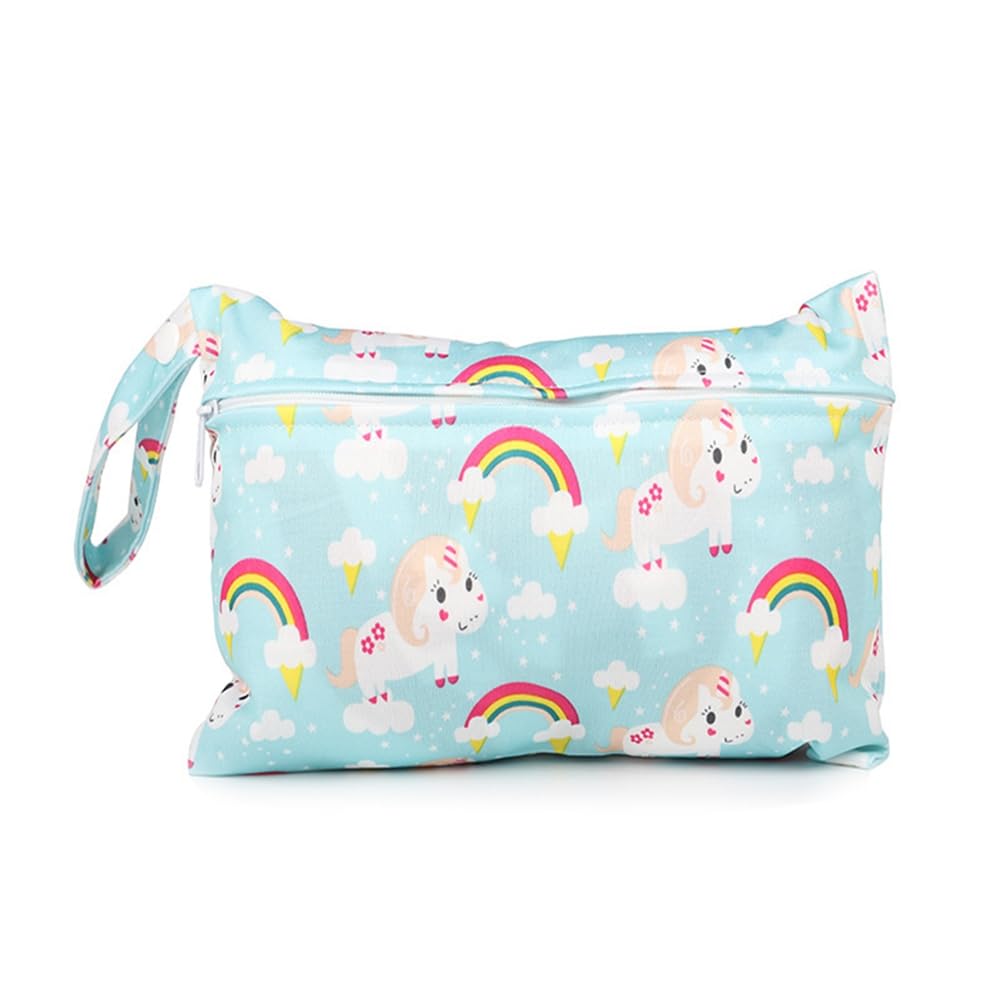 Qiantull Mini Windeltasche mit Bunte Tier-Muster wasserdichte Wetbag Wickeltasche 22 * 15cm Klein Nassbeutel Windel Tasche Wet Dry Cloth Organiser Beutel Babys Schwimmen Reisen StrandRegenbogen Pferd