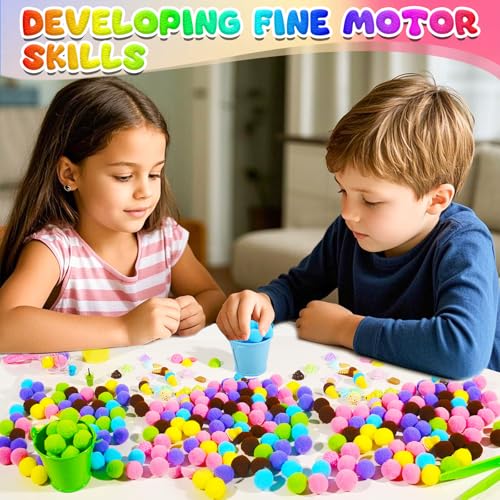 Image of Bbiamsleep 262 Pcs Summer Ice Cream Sensory Bin Filler Fine Motor Skills Summer Ice Cream Sensory Bin Items Counting Sorting 180 Pom Poms Decorations for Summer Sorting Counting Training