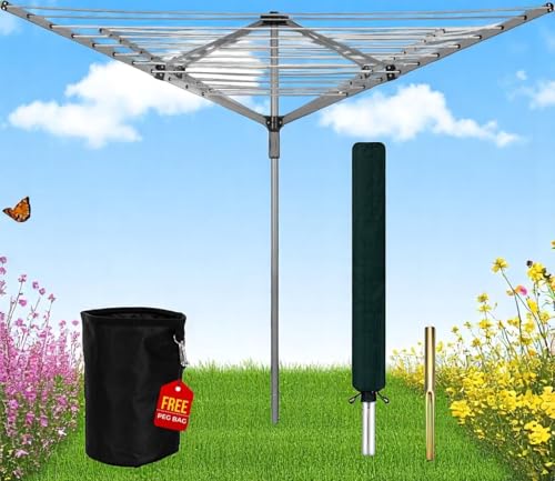 MEHRU Heavy Duty Rotary Washing Line Outdoor 4 Arm 60M Clothes Airer with Peg Bag Metal Ground Spike Waterproof Cover Foldable Garden Dryer Whirlygig Laundry Spinner Weatherproof Portable Drying Horse - Image 6