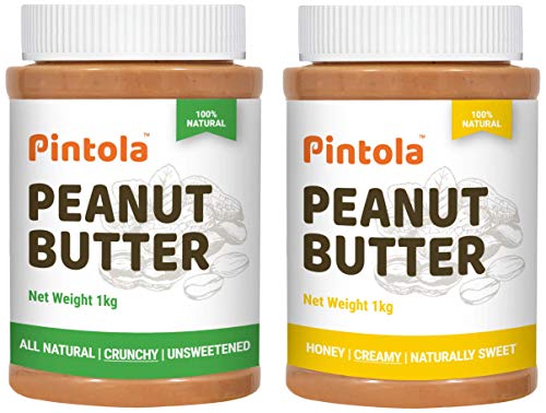 Image of Pintola All Natural Peanut Butter (Crunchy) (1 kg) (Unsweetened, Non-GMO, Gluten Free, Vegan) + Pintola All Natural Honey Peanut Butter (Creamy) (1kg)