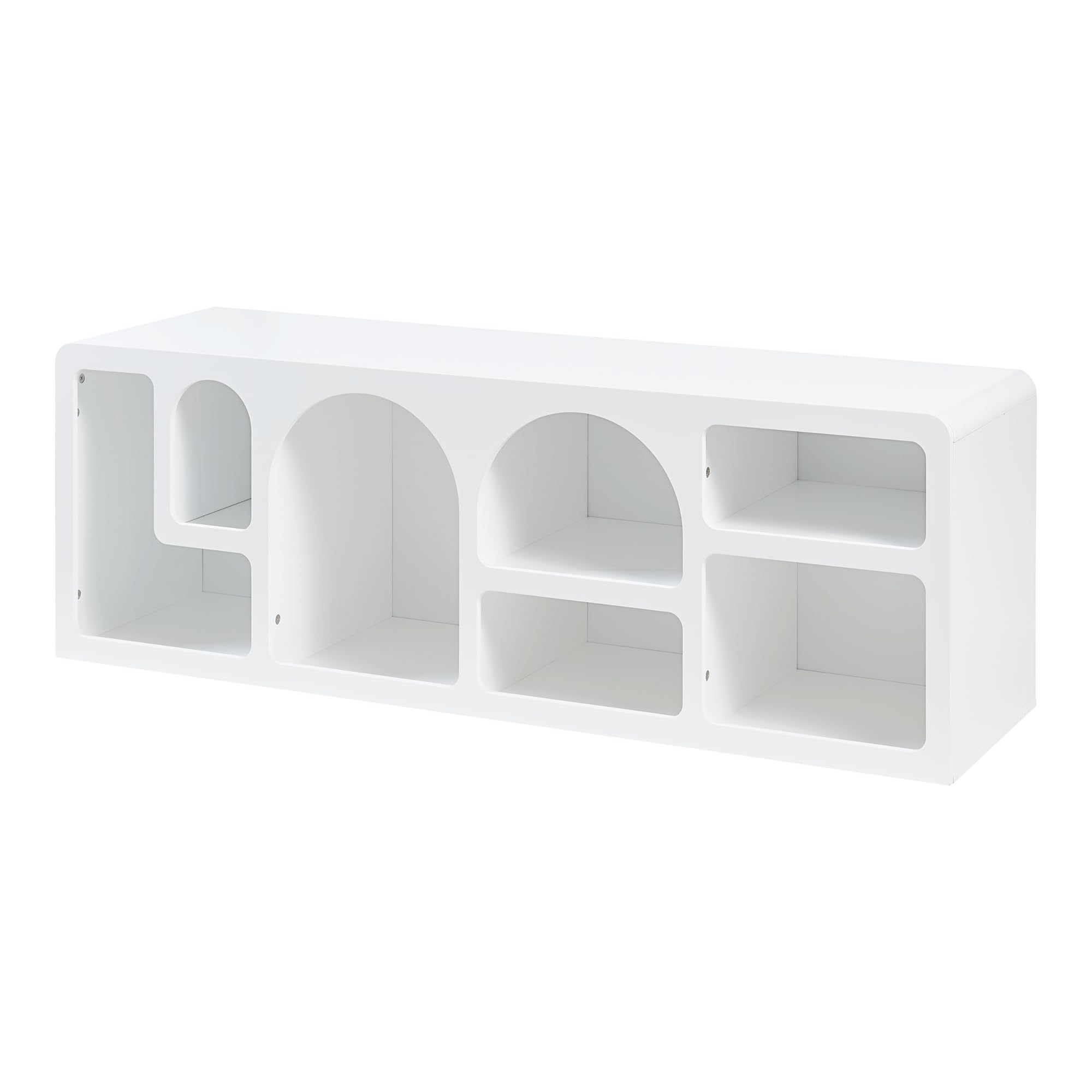 [en.casa] Mobiletto TV Tavolino Porta TV con 7 Scomparti da Forme Geometriche Mobile Basso per Soggiorno Stand TV e Centri Multimediali 140 x 40 x 48 cm Bianco