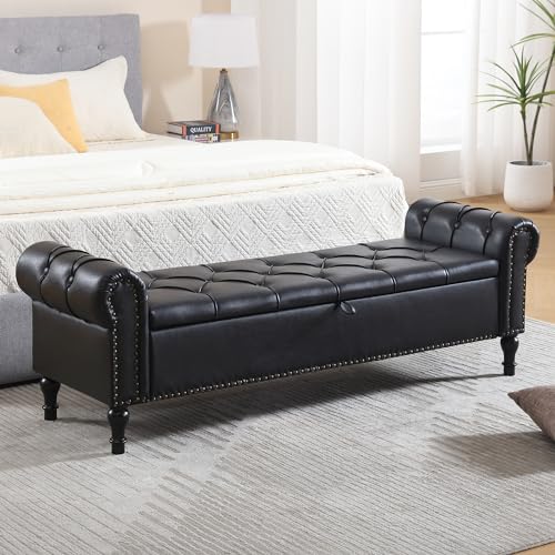 HOMYKA Leather Storage Bench 67 Inch Upholstered Tufted Ottoman Bench with Arms King Size End of Bed...