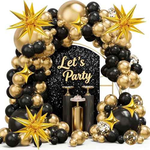 Guismous 128 PCS Black and Gold Balloon Arch Kit Black and Gold Party Decorations for 2026 Graduation Wedding Anniversary New Year Birthday Decorations Party Balloons with Star Balloons