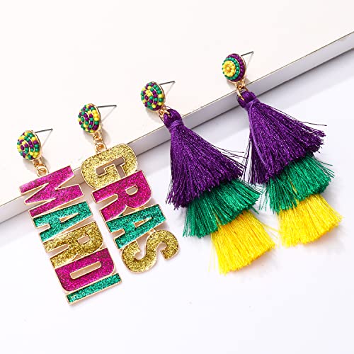 2 Pairs Mardi Gras Earrings For Women Beaded Mask Tassel Dangle Earrings Fat Tuesday Carnival Parade Jewelry Gifts #TOP3