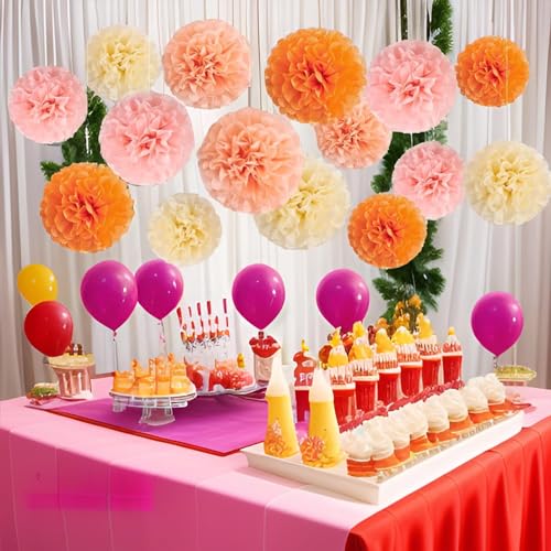 Image of XIKSXITN 12pcs Light Pink and Orange Paper Pom Poms Decorations for Party ,Ceiling Hanging Tissue Paper Flowers Decorations (10&12inch)
