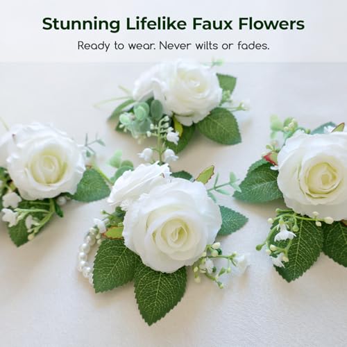 AmoraDec Elegant Corsage and Boutonniere Set, Artificial Rose Wrist Corsage with Pearl Bracelet & Men's Lapel Pin, Matching Faux Flowers for Prom, Homecoming, Wedding, Bride and Groom — view 5