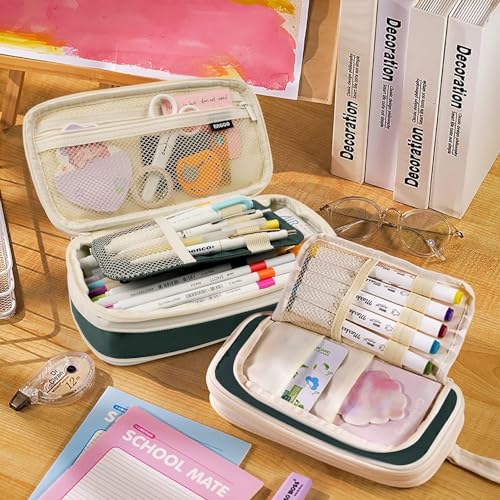 Image of Zqiue Big Capacity Pencil Cases 4 Compartment Pencil Pouch Aesthetic Large for Girls Women, Portable Pencil case with Handle, Stationery Organizer Pen Bag with Zipper for College School Office