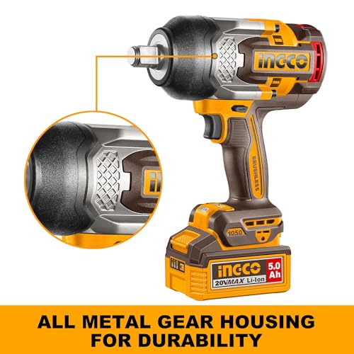 Image of Ingco 20V Cordless Impact Wrench 1050NM, Brushless Motor, Nut-Busting Torque 1200NM, Max Speed 2100RPM Battery Impact Gun With 2Pcs 5.0Ah Battery And Charger, Packed by Carrying Case
