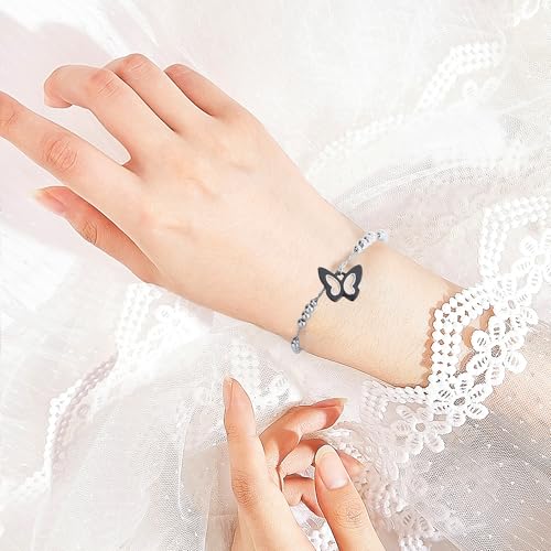 Image of 925 sterling silver Butterfly Charm Bracelet, 925 Silver Bead Chain, Black Ceramic Butterfly,Hollow out design,Suitable for Mother's Day and Valentine's Day gifts