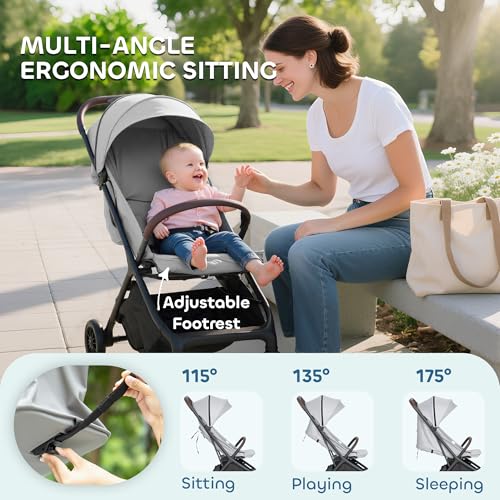 AIYAPLAY Baby Stroller, Foldable Travel Pushchair with Adjustable Seat, 5-Point Harness, Canopy, All Wheels Suspension, Storage Basket, 6.3kg Lightweight & Compact, from Birth to 3 Years, Light Grey - Image 4