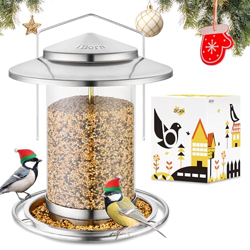 iBorn Vogelfutterspender,Metall Vogelfutterhaus zum Aufhängen,Futterstation für Kardinal mit Futterschale,6 Futterlöcher,18 cm großes Dach,Wetterfest Wildvögel Vogelhaus,Nickle