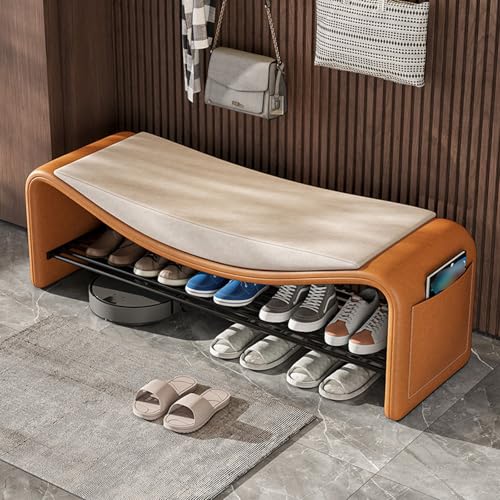 Banco para pie de cama con almacenamiento Banco zapatero curvo para recibidor con estante metálico y bolsillos laterales Banco otomano tapizado de estilo moderno para dormitorio(Orange,120*35*42cm)