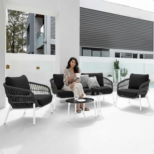 Image of BRISHI Outdoor 4 Seater Sofa Set | Balcony Sofa | Patio Furniture Sets | Conversation Sets | Braid & Rope Garden Sofa Set (White-Black)