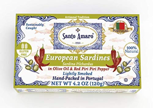 SANTO AMARO European Wild Sardines in Olive Oil & Piri Piri Pepper (12 Pack, 120g Each) Lightly Smoked - HOT AND SPICY! Peri Peri - Natural - Wild Caught - GMO FREE - Hand Packed in PORTUGAL - KETO SANTO AMARO European Wild Sardines in Olive Oil & Piri Piri Pepper (12 Pack, 120g Each) Lightly Smoked - HOT AND SPICY! Peri Peri - Natural - Wild Caught - GMO FREE - Hand Packed in PORTUGAL - KETO