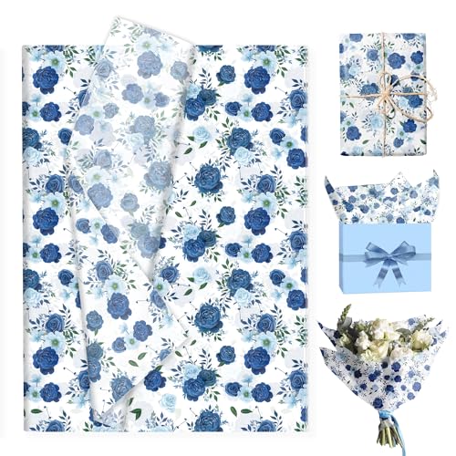 100枚入り ブルーローズ包装紙、花柄ギフト用薄葉紙、誕生日や結婚式、パーティー用の装飾用詰め物紙