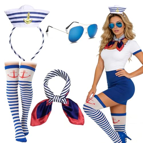 QIMMU 4 Stück Matrosen Kostüm Set,Matrosen Kostüm Damen,Matrosen Accessoires,Matrosenmütze...