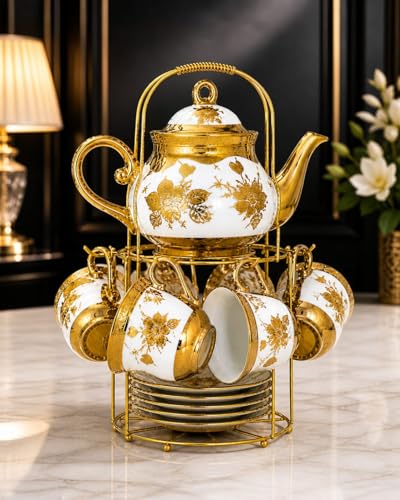 Image of 13 Pcs Premium Floral Ceramic Tea Set with Stand | 1 Teapot with Lid, 6 Cups & 6 Saucers | Vintage Gold Finish Porcelain Tea Set for Home, Party & Gifting Tea Cup Saucer Set with Teapot