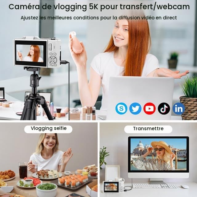 LAMA Appareil Photo Numérique 5K 75MP, Mini Appareils Photo Numériques Compact avec Carte SD 64G, 3,0 Pouces Écran Flip 180°pour Enfants Adolescents Débutants (Blanc)