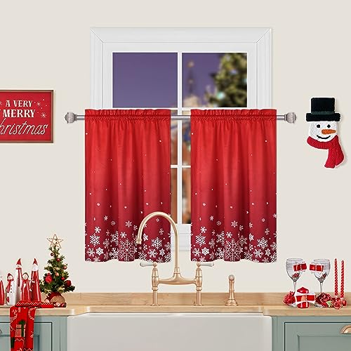 ROYGROW Christmas Kitchen Curtains 30 inch Snowflake Thick Velvet Fabric Xmas Curtains for Kitchen Farmhouse Cafe Curtains Rod Pocket Light Blocking Half Window Curtain, 26