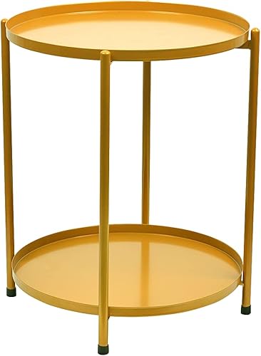 Mesa auxiliar redonda de metal con doble nivel, mesa auxiliar de acento, mesa auxiliar de noche para sala de estar y dormitorio, antioxidante e