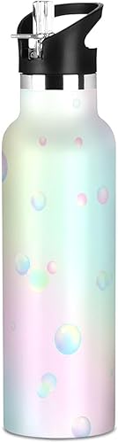 Kids Water Bottle with Straw for School Leakproof Kids Insulated Water Bottle 20oz, BPA-Free, Pastel Colored Abstract Bubbles Dots Soft