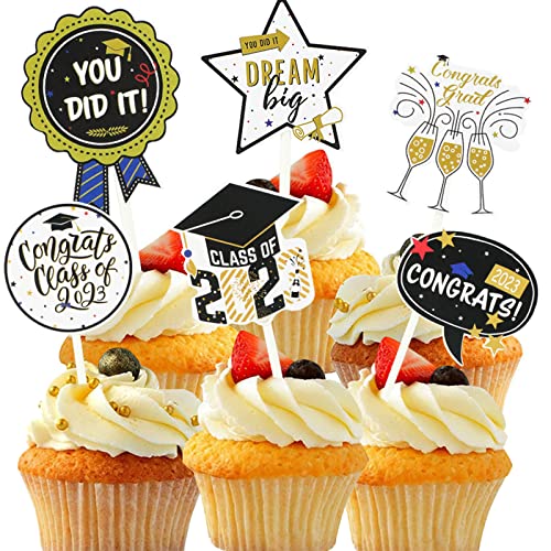 G.F.L Graduation Decorations Class of 2023 & 48 Pack Cute Graduation Cap Cake Toppers for Cupcakes (6 Different Patterns)