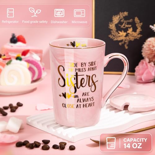 Sister Gifts - Sister Birthday Gifts Christmas Birthday Gift for Soul Sisters, 14Oz Pink Marble Ceramic Gold Print Coffee Mug with Spoon Lid Card, Nice Box - Image 3