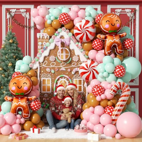 Image of 160Pcs Christmas Balloon Arch Garland Kit Xmas Pastel Pink Green Brown Latex Balloons Gingerbread Man Candy Cane Foil Balloons Arch Kit for Christmas New Year Party Birthday Party Decorations