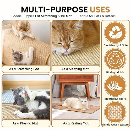 Image of Foodie Puppies Cat Scratching Sisal Mat for Indoor Cats & Kittens (62 x 41 cm), Natural Scratch Pad & Sleeping Mat, Non-Slip Durable Scratcher Rug, Furniture Protection