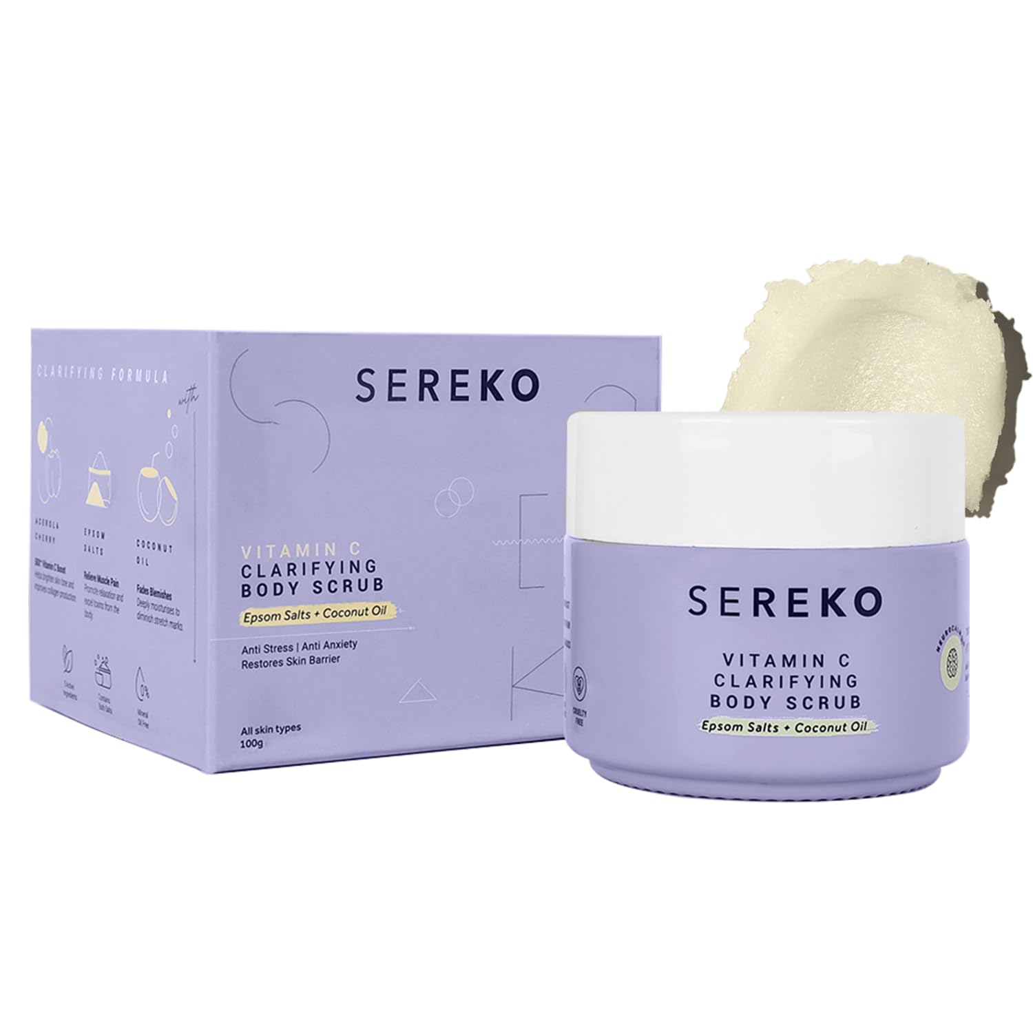 SEREKO Exfoliating Body Scrub – Psycodermatology Formula with Epsom & Bath Salts, Vitamin C Brightening for Smooth, Radiant Skin – Gentle Dead Skin Removal – 100g