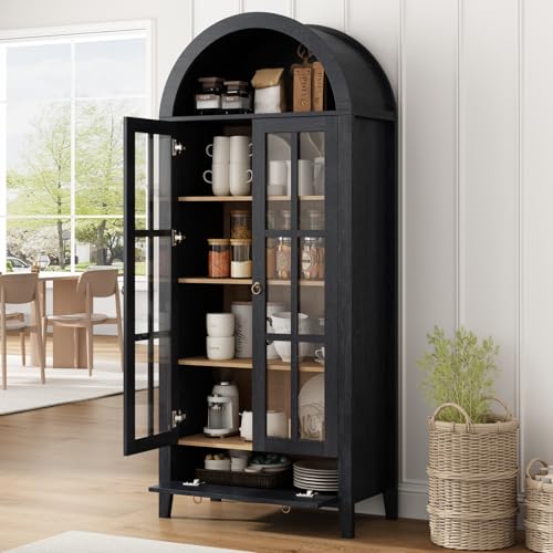 Image of 70 inch Tall Arched Cabinet, Modern Farmhouse Wooden Display Cabinet with Glass Doors, 6 Tier Bookshelf with Adjustable Shelves for Living Room, Office, Black