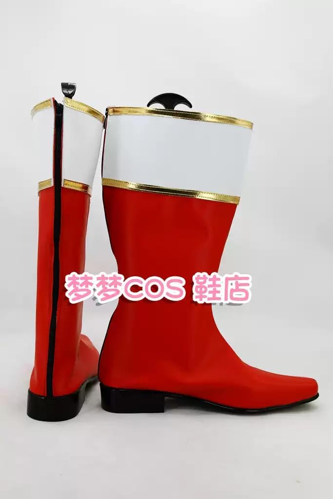 Red Faux Leather Knee-High Boots with White Cuff & Gold Accents Footwear for Cosplay Themed Events & Costume Parties