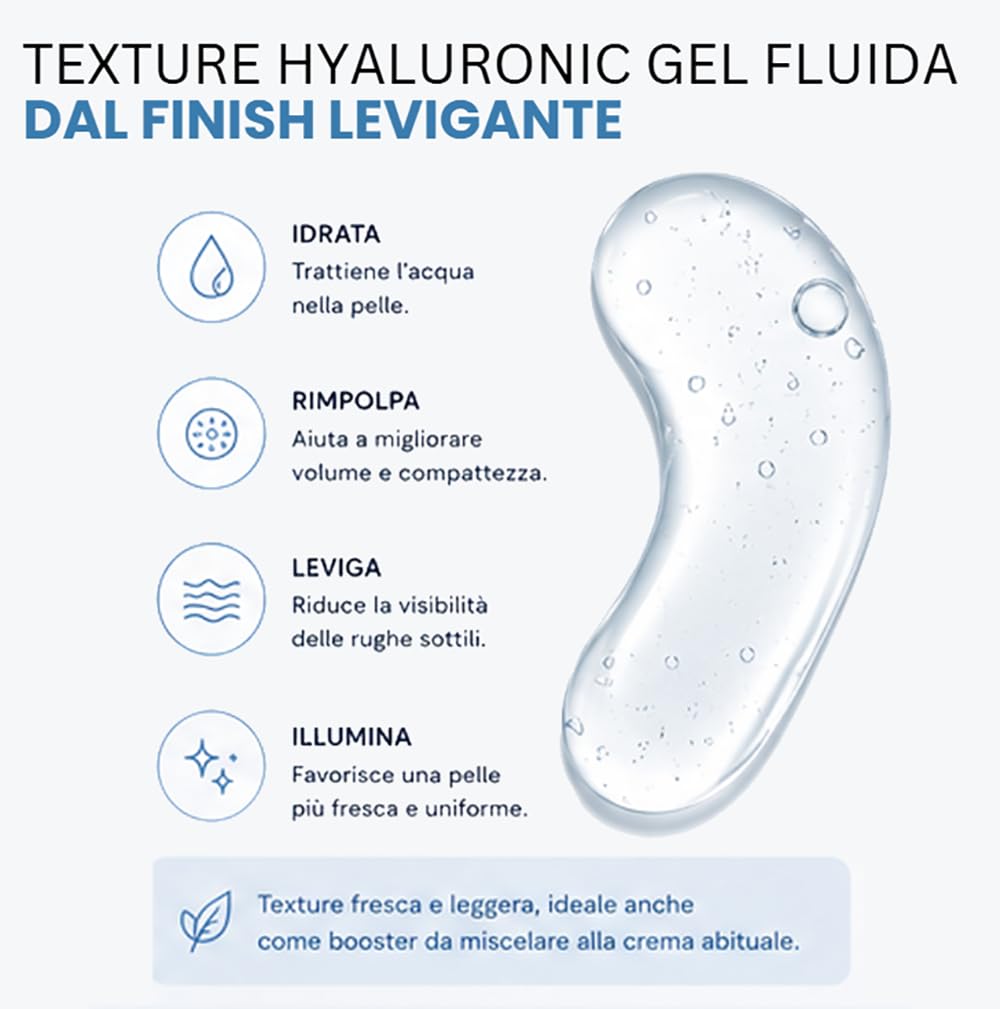 Gel Repulpant à l'Acide Hyaluronique, Sérum Booster pour le Visage, le Cou et le Décolleté, à l'Acide Hyaluronique, effet repulpant et volumisant, lisse les ridules, Fabriqué en Italie, 30 ml