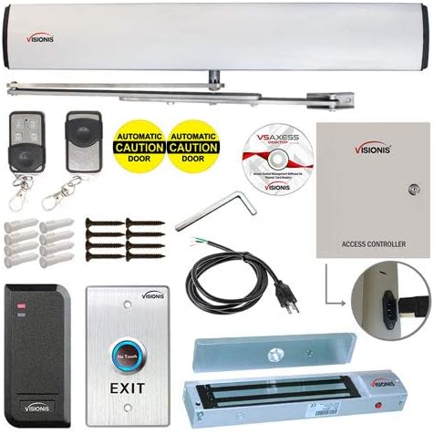 Visionis FPC-7348 110V Electric Automatic Door Opener + Closer for 440lb Out-Swing Doors + 2 Wireless Remotes + VIS-7013 No Touch Exit Button + Access Control Reader with Software + 600Lb Mag Lock