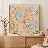 Framed Square Floral Botanical Room Decor Wall Art, Watercolor Boho Minimalist Canvas Artwork for Walls, Neutral Abstract Flower Painting Print for Living Room Bedroom Hallway Wall Decor, 24x24 Inch