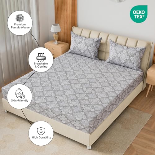 Image of LINENWALAS 100% Cotton 200 TC Double Fitted Sheet with 2 Pillow Covers | 360 Elastic Bedsheet with 4-8 inch Deep Pocket - Soft Breathable Bedding (72x72 inch, Royal Mosaic)