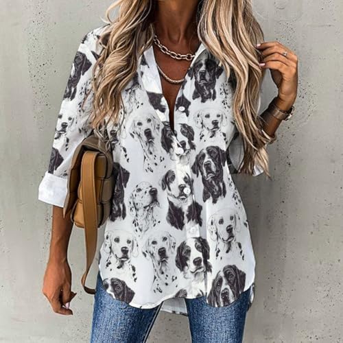 Langarm-Shirts mit Knopfleiste für Damen – schwarz-weiße Hunde-Print-Blusen für Damen, elegante lässige Oberteile, Mehrfarbig, S