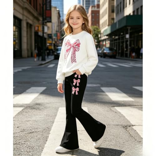 Image of Girls Clothes 2 Piece Cute Bow Print Sweatshirt & Flare Pants Fall Winter Outfits Set Size 7-14Y