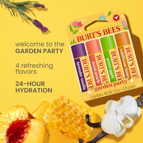 Image of Burt's Bees Gifts Ideas - Garden Party Lip Balm Set, Lavender Vanilla, Sweet Peach, Green Apple, Wildflower Honey, With Responsibly Sourced Beeswax, Natural Origin Lip Treatment, 0.15 oz., Four Tubes